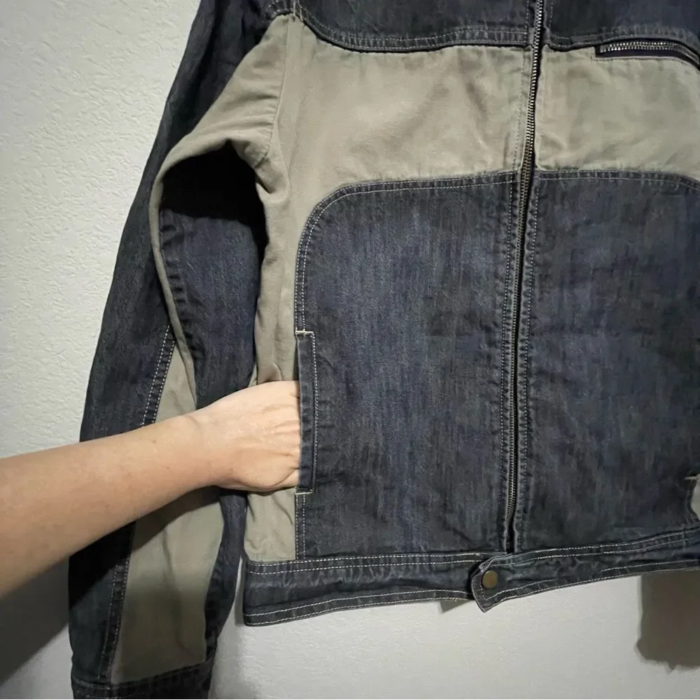 Men’s Two-Tone Denim Jean Jacket Beige Contrast Panels Zip Chest Pocket L 54Surf